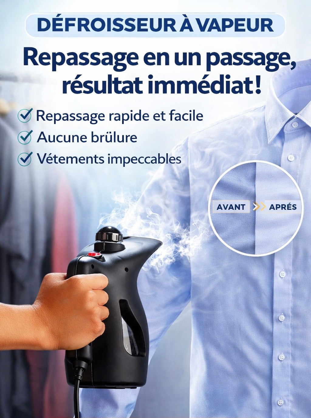Défroisseur à vapeur Repassage en un passage — Résultat immédiat, sans brûlure